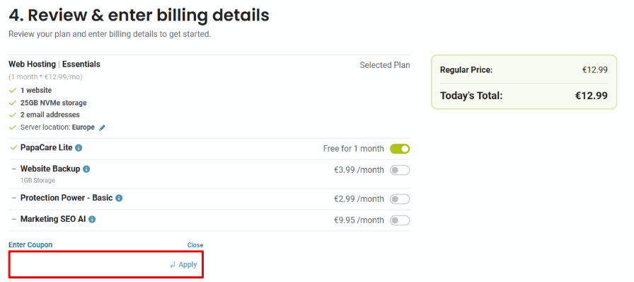 HostPapa discount code place highlighted by a red box