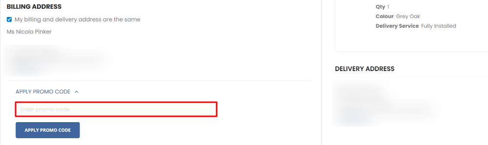 The Furniture At Work checkout page with where to paste the Furniture At Work voucher code in a red box