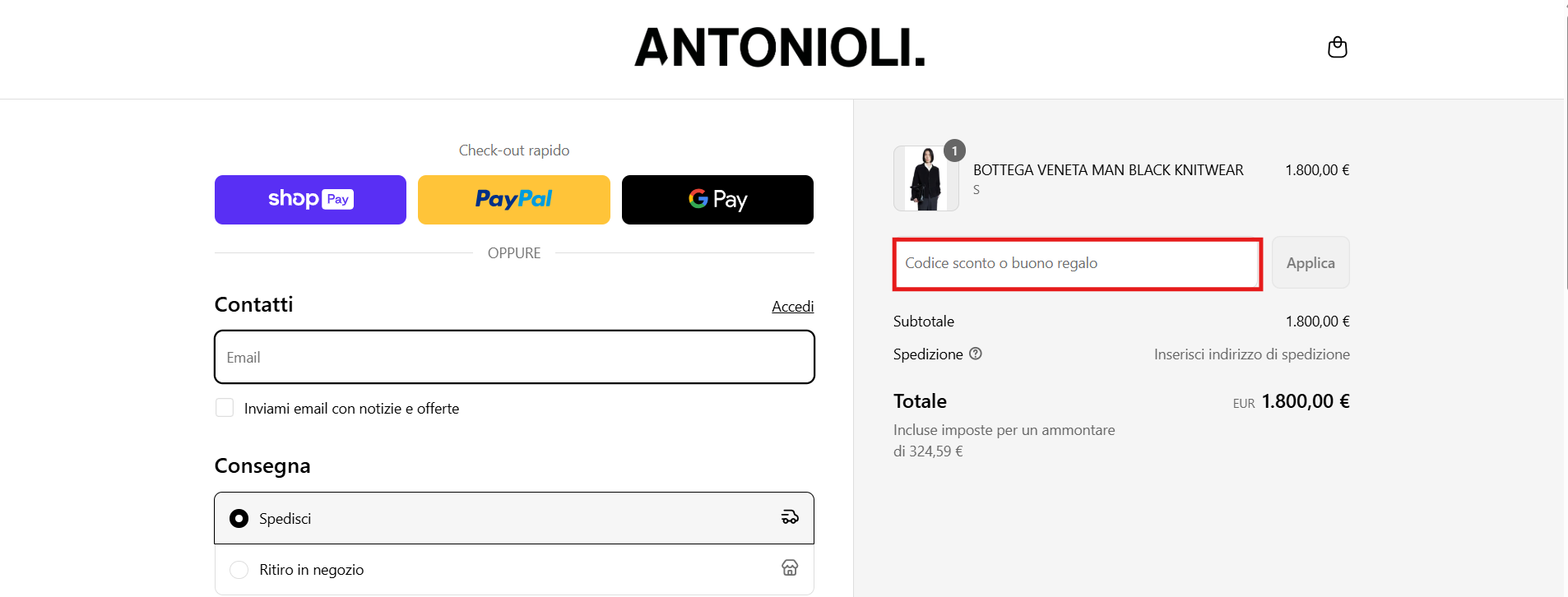 carrello del sito ufficiale Antonioli dove poter risparmiare con un promo code Antonioli da inserire