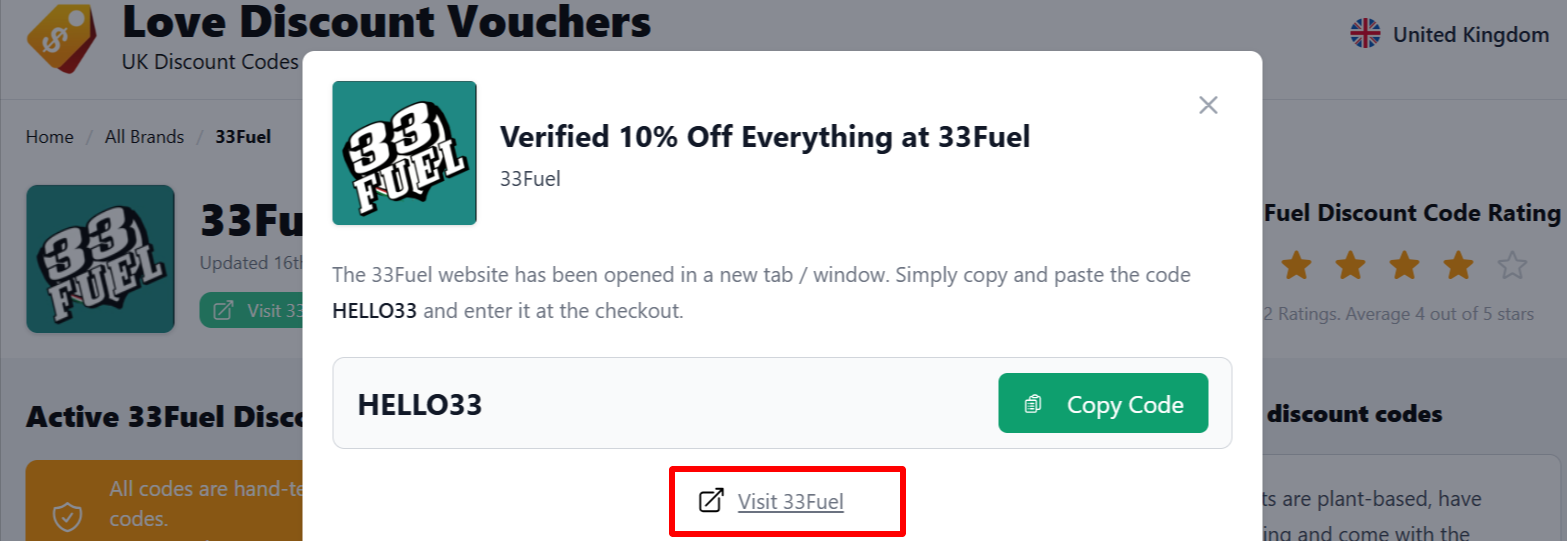 The highlighted red box shows the link that takes you to the 33Fuel website