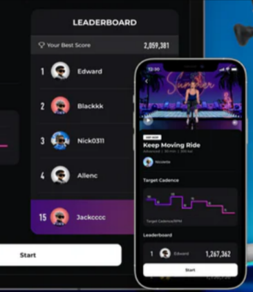 The Freebeat app showing the leader board and a workout video