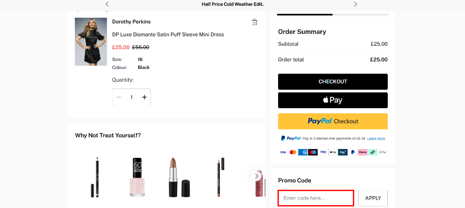 The Dorothy Perkins checkout page and other products they have on offer