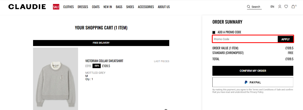 The Claudie Pierlot checkout page with the promo code box highlighted in red