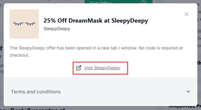 A SleepyDeepy offer with "Visit SleepyDeepy" in a red box