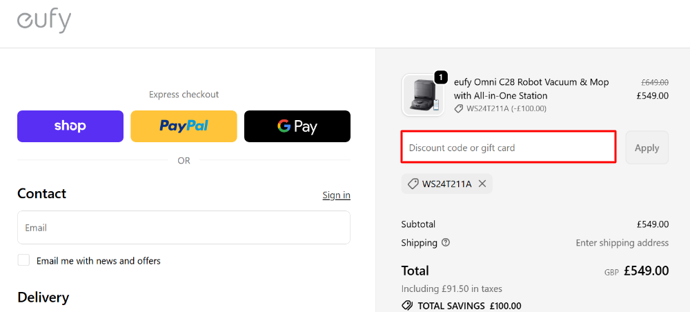 The eufy checkout page with where to paste the eufy voucher code in a red box
