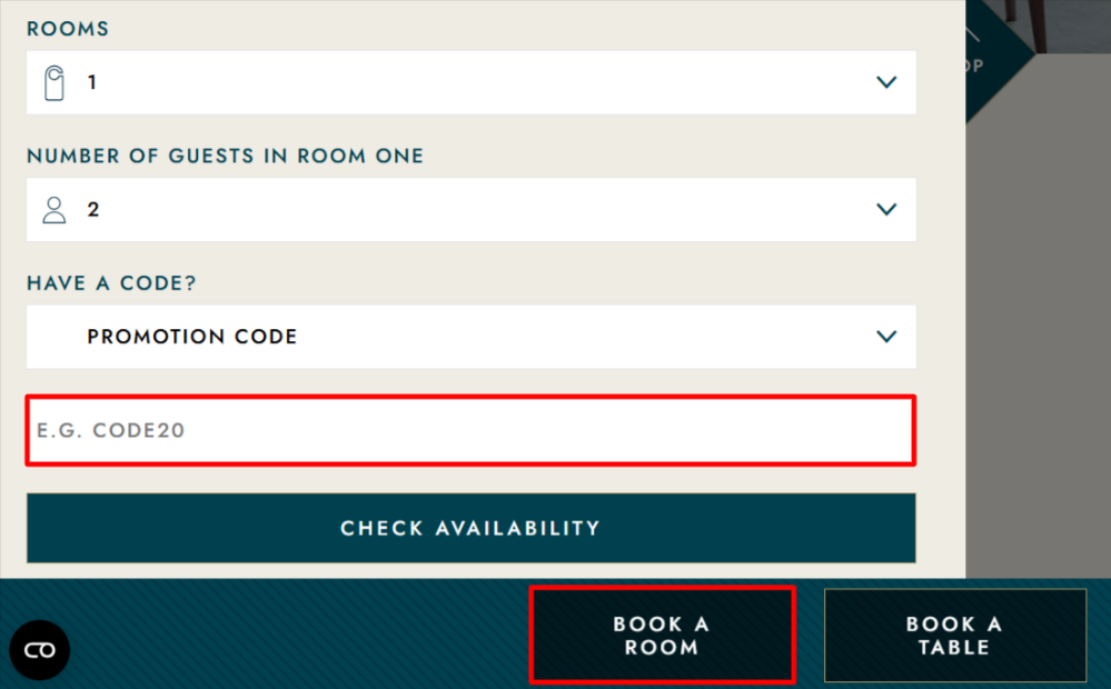  The booking parameters, process and the Hotel Du Vin promo code box highlighted in a red box