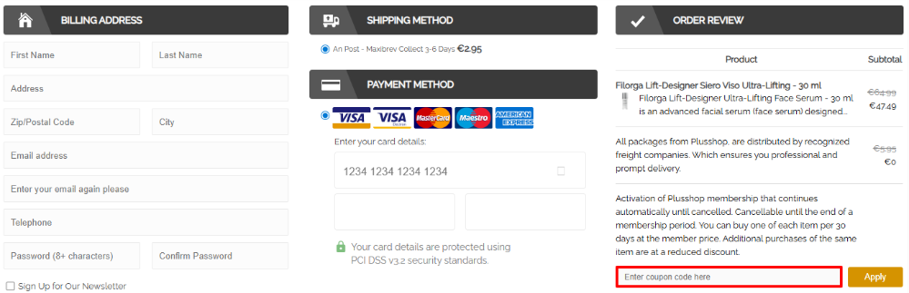 Plusshop promo code box surrounded by a red box