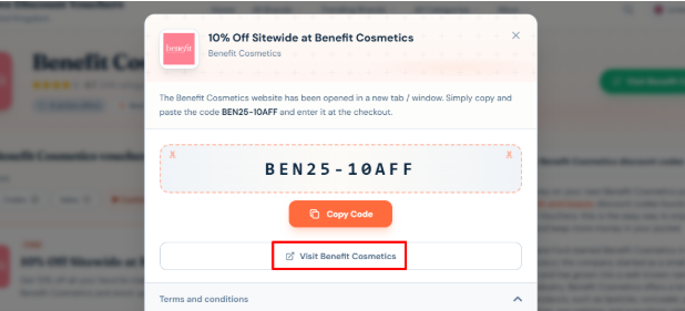 The highlighted red box shows the link to the Benefit Cosmetics website