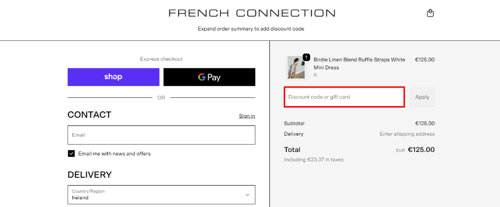 French Connection promo code place shown by a red box