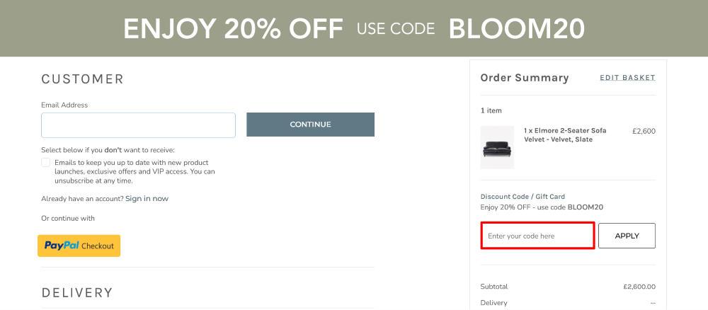 Garden Trading checkout page where to enter discount code highlighted in a red box