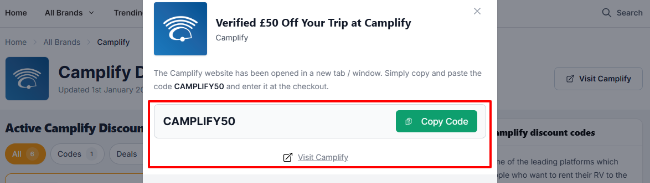 a displayred CAMPLIFY50 discount code offer for customers to use