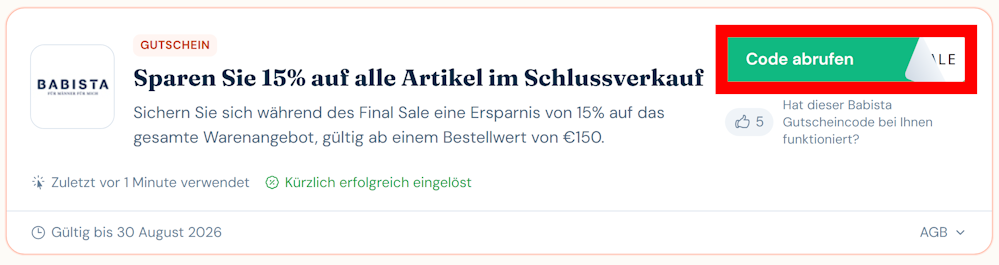 Ein Rabattcode für Babista mit rotmarkiertem grünen Button