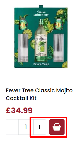 The plus and shopping cart icons from the DrinkSupermarket website in a red box