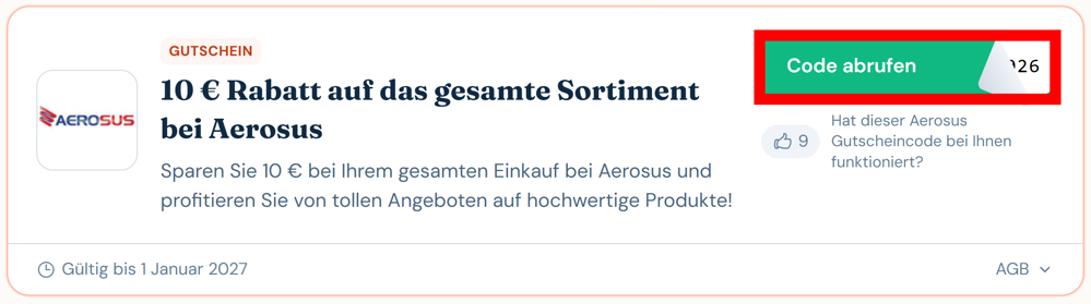Angaben zu einem Rabattcode für Aerosus mit rotmarkiertem grünen Button