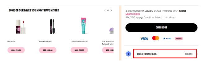 A box where you enter your Benefit Cosmetics voucher code