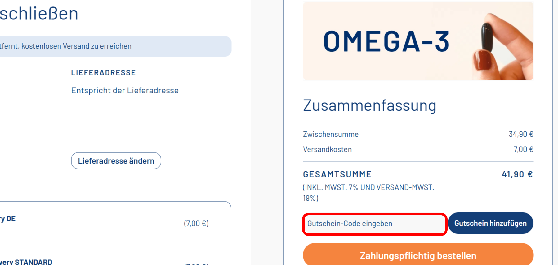 Bestellverlauf von Life Extension mit einer rotmarkierten Stelle für den Rabattcode