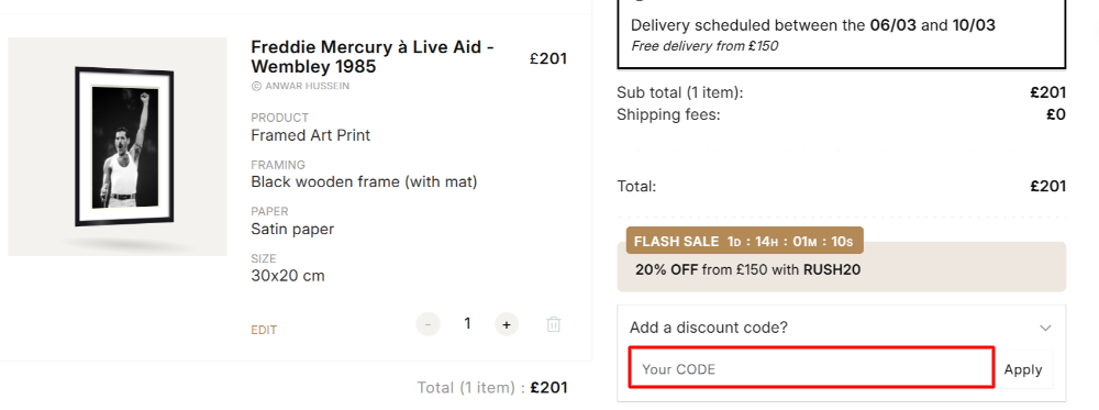 The ArtPhotoLimited shopping cart page with where to paste the ArtPhotoLimited voucher code in a red box