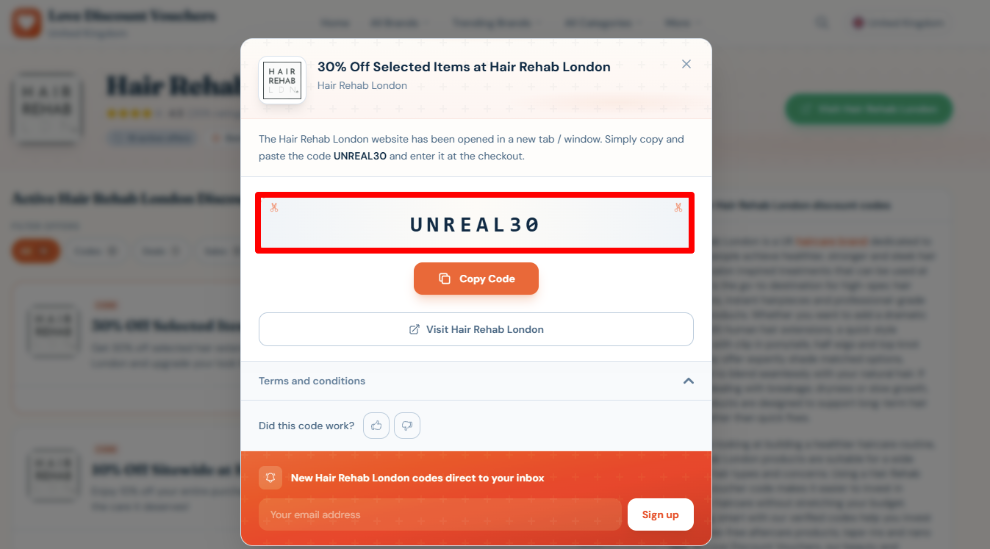 Copy your code and visit Hair Rehab London to start shopping 