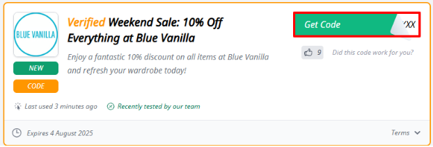 A red box is where a Blue Vanilla discount code will be revealed