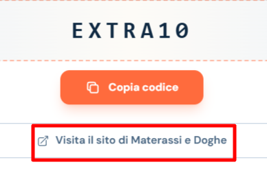 link di collegamento visibile da poter cliccare per essere rimandati al sito del rivenditore e usare il codice sconto Materassi e Doghe