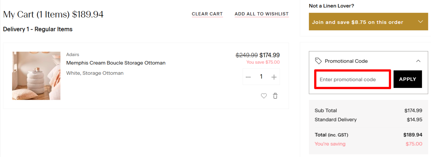 The Adairs checkout page with the promo code box highlighted with a red box