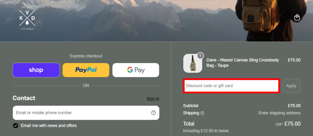 The checkout page with the Kovered voucher code box highlighted with a red box