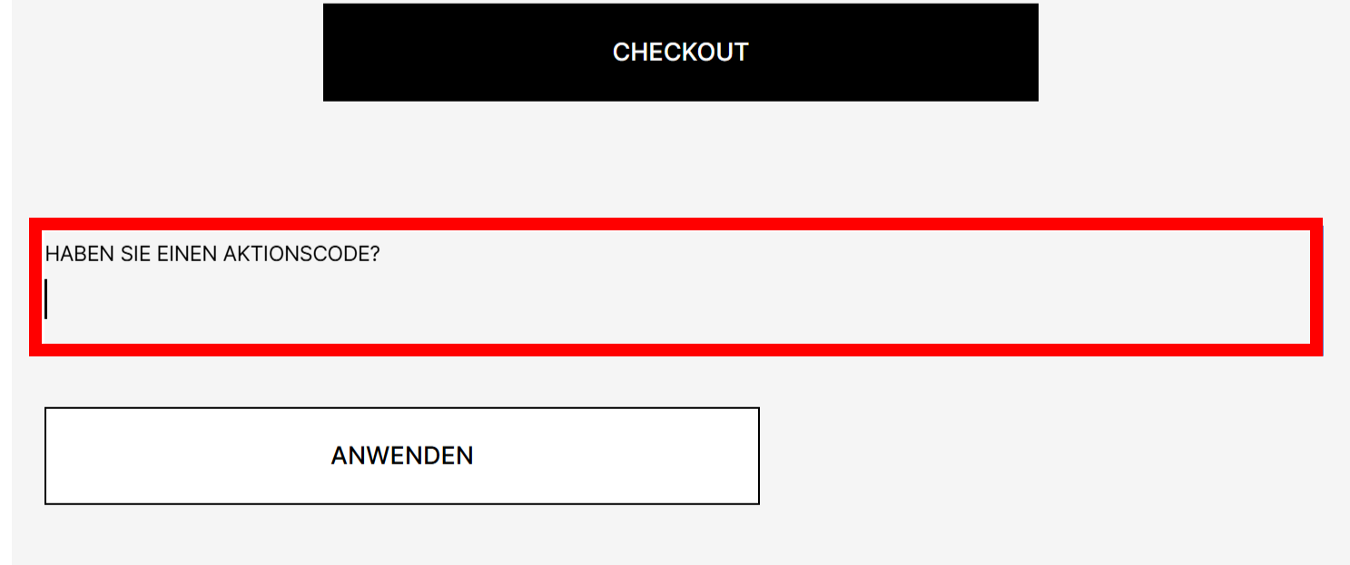 Ein rotmarkiertes Eingabefeld zum Einfügen eines Aktionscodes unter einem schwarzen Check-out Button