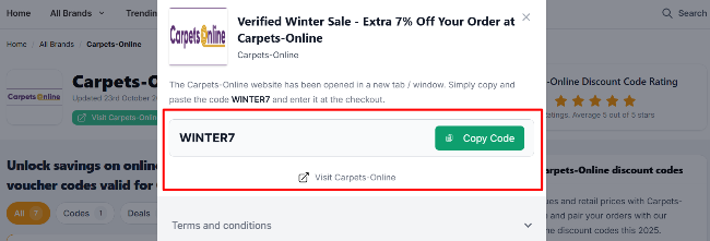 The highlighted red box shows the link that takes you to the Carpets-Online website