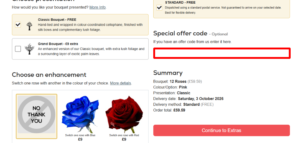 The InterRose voucher code box highlighted with a red box on their checkout page