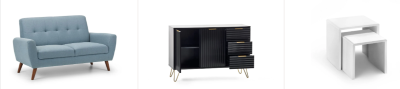 A collage of a sofa, black tv stand, and a white side table