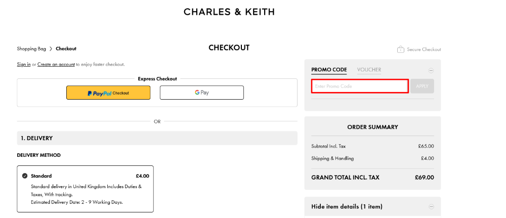 The Charles & Keith checkout page, where the code is pasted shown in a red box.