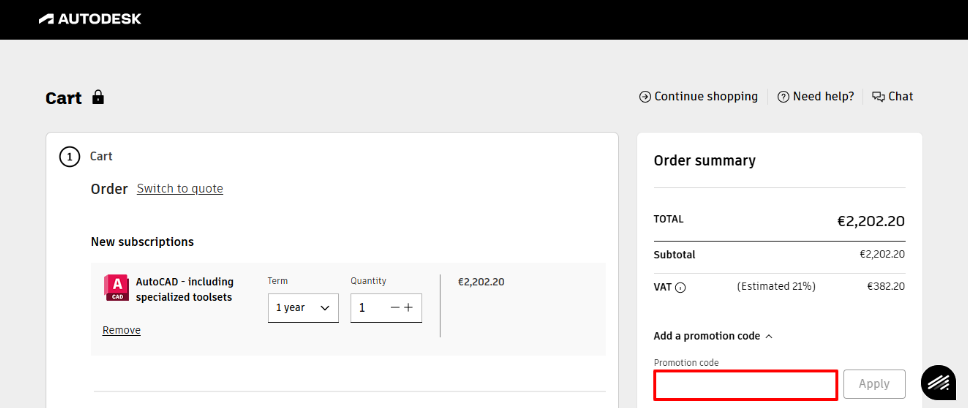 Add your Autodesk promo code to your order and apply it