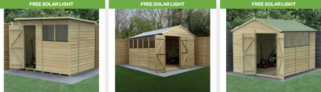 three of Buy Sheds Direct's sheds with diffrent designs and same colour