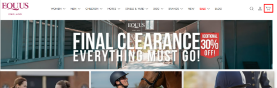 The Equus website and the categories, with the shopping cart highlighted with a red box