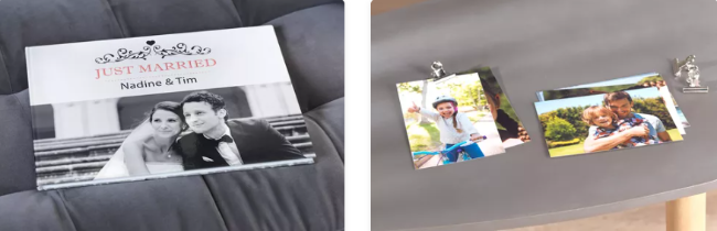 wedding thank-you card and printed images of a couples and a child