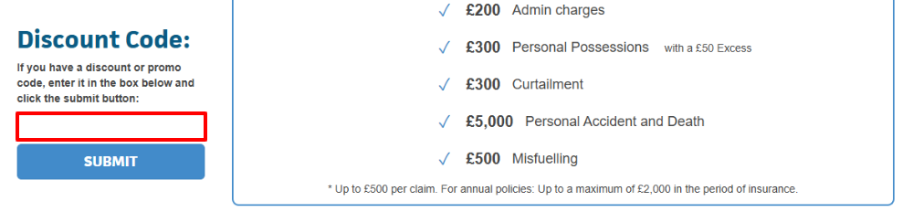 The Big Blue Cover Car Hire Excess Insurance checkout page with where to paste the Big Blue Cover Car Hire Excess Insurance voucher code in a red box.
