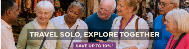 Group of older adults exploring a colourful market, with  “Save up to 10%” text.