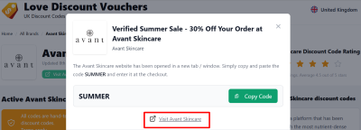 The highlighted red box shows the link that takes you to the Avant Skincare website