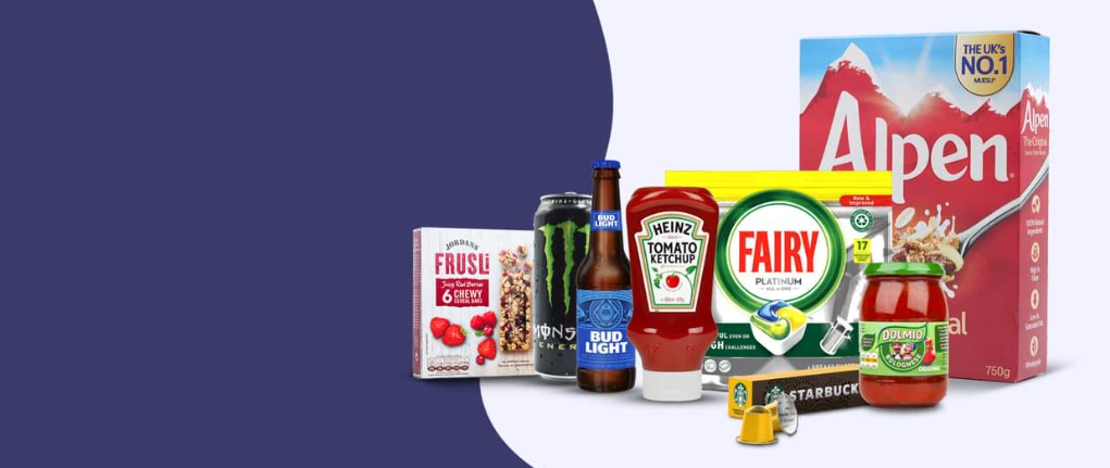 A range of various consumption products with a blue and white background behind them