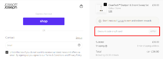 Joseph Joseph checkout page with higlighted items and code box