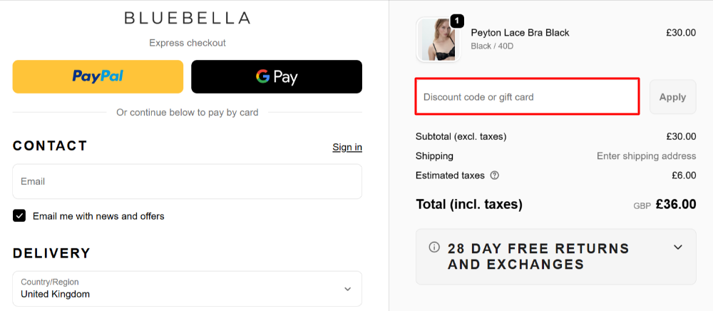 The Bluebella checkout page with where to paste the Bluebella voucher code in a red box.