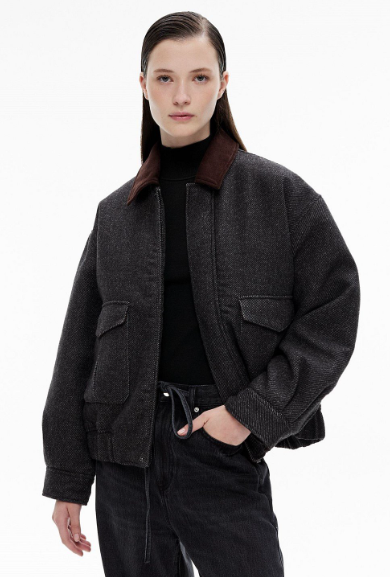 Women's coats and jackets: A model wearing a Charcoal contrast bomber jacket