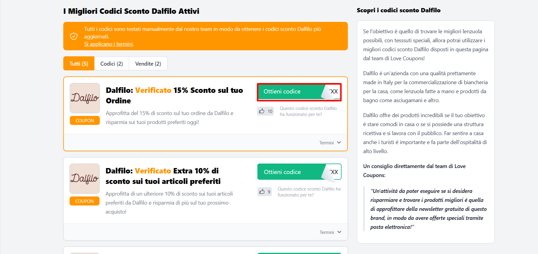 codice sconto Dalfilo da poter prelevare dalla lista in modo da risparmiare su vari articoli di biancheria