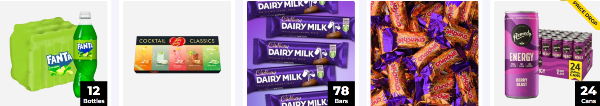 A collage of soft drinks, energy drinks, and chocolates from big brands