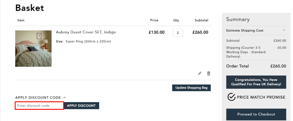 The Bedeck checkout page and the discount box highlighted in red