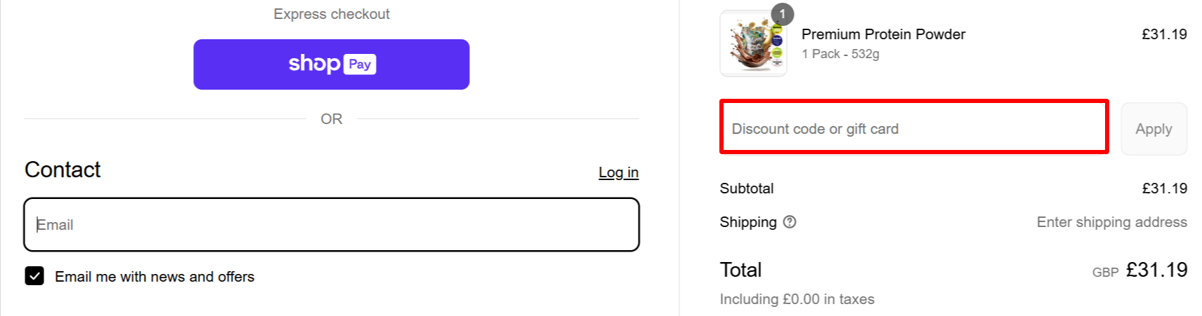 The checkout page showing where to apply your 33Fuel voucher code