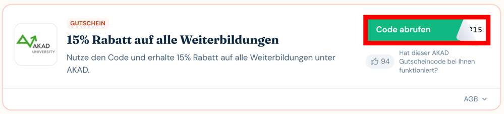 Infos zu einem Rabattcode für AKAD mit rotmarkiertem grünen Button