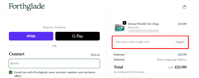 Forthglade voucher deal box and payment options with cart items