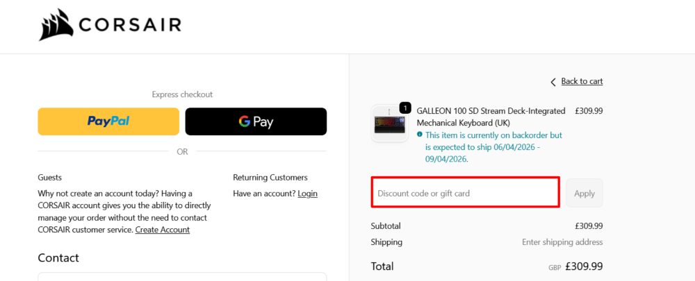The checkout page shows where to apply your CORSAIR discount code