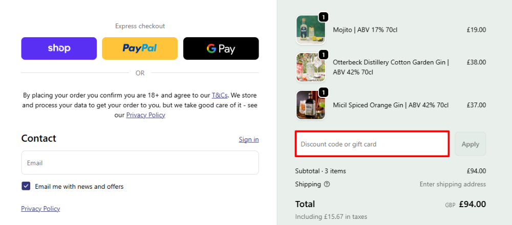 The Craft Gin Club checkout page with where to paste the Craft Gin Club discount code in a red box.